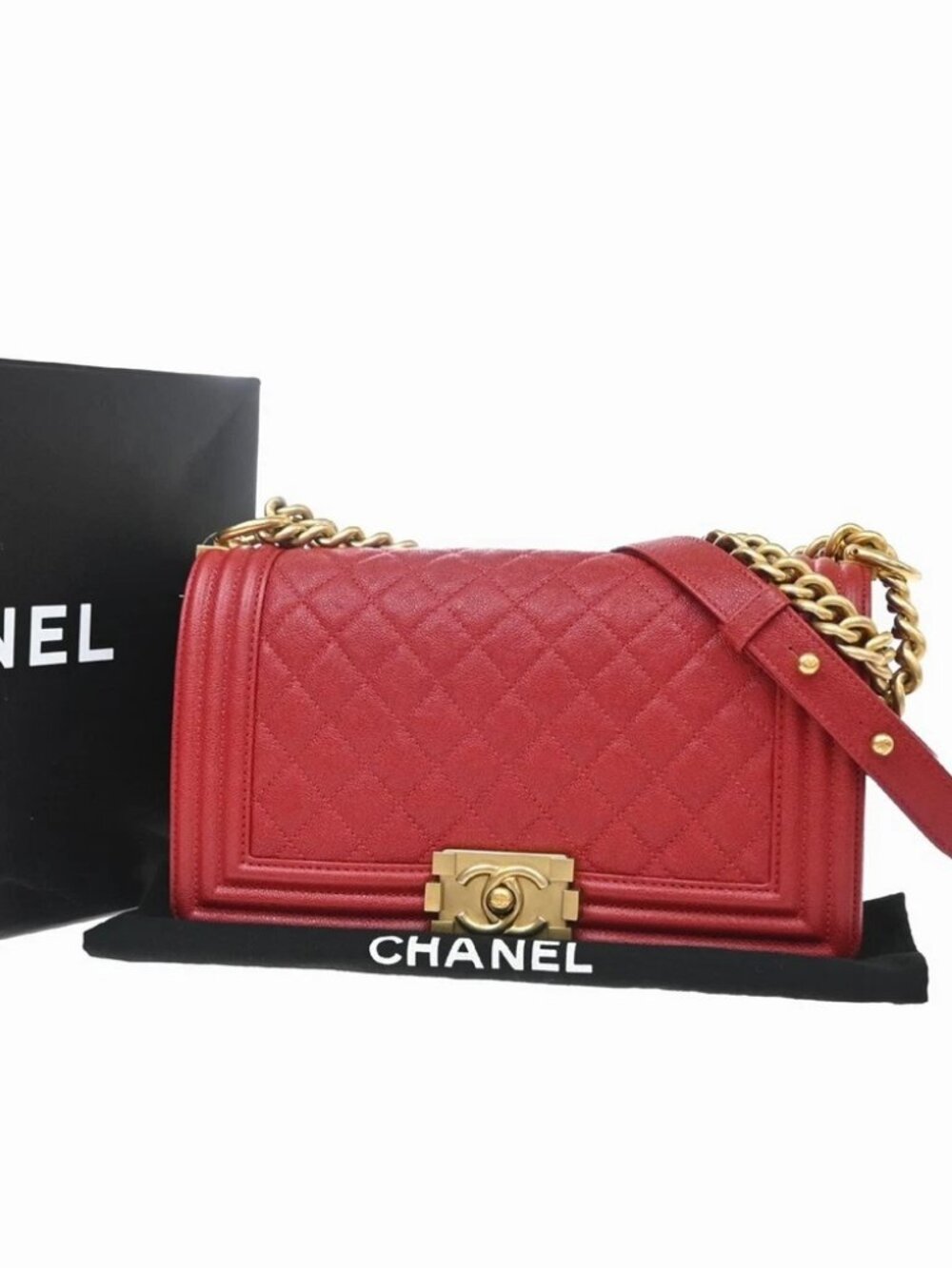 CHANEL Boy Chain Shoulder Bag Calfskin Leather Red GHW CC Logo France